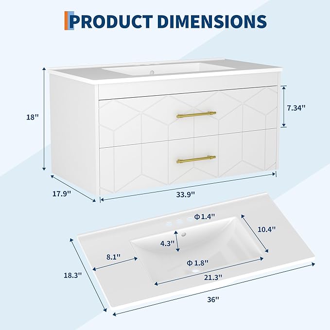 IDEALHOUSE Floating Bathroom Vanity with Sink 36 inch, Modern Bathroom Sink Cabinet, Ceramic Vanity Top, 2 Large Storage Drawers with Gold Metal Handle, Easy to Assembly, White