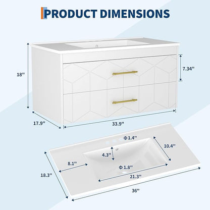 IDEALHOUSE Floating Bathroom Vanity with Sink 36 inch, Modern Bathroom Sink Cabinet, Ceramic Vanity Top, 2 Large Storage Drawers with Gold Metal Handle, Easy to Assembly, White