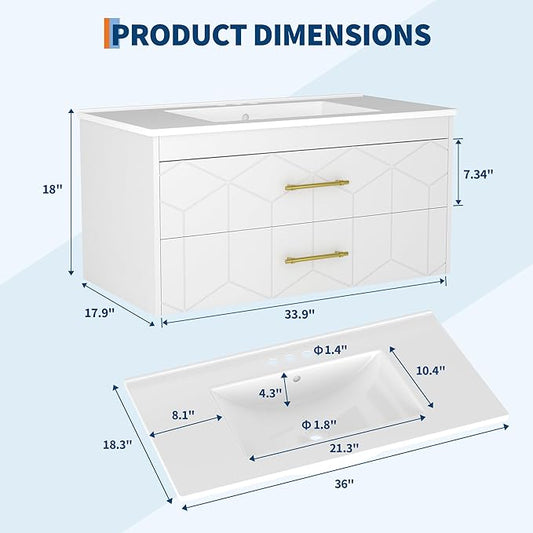 IDEALHOUSE Floating Bathroom Vanity with Sink 36 inch, Modern Bathroom Sink Cabinet, Ceramic Vanity Top, 2 Large Storage Drawers with Gold Metal Handle, Easy to Assembly, White