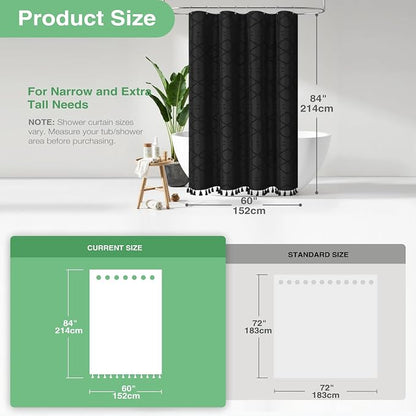 Stall Boho Farmhouse Shower Curtain Tufted Geometric 60"x84" Black | 60 x 84 inch Long, Elegant Tassel, Lightweight Textured Fabric, Water Repellent, Washable, for Narrow Bathroom/Dorm 10 Hooks