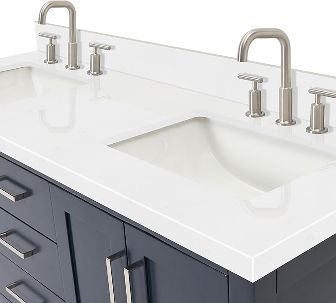 ARIEL Magnolia 60-inch Bathroom Vanity with Sink,Solid Wood, 1.5-inch Carrara White Quartz Countertop, Double Rectangular Porcelain Sink, 4 Soft Closing Doors, 3 Dovetail Drawers, Midnight Blue