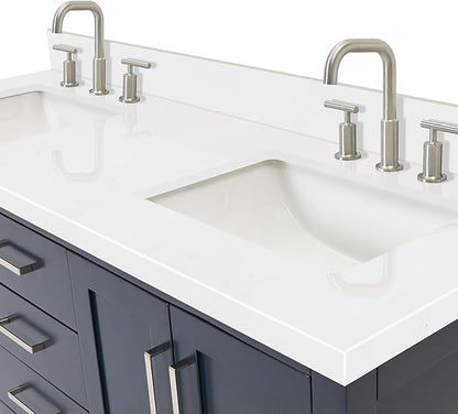 ARIEL Magnolia 60-inch Bathroom Vanity with Sink,Solid Wood, 1.5-inch Carrara White Quartz Countertop, Double Rectangular Porcelain Sink, 4 Soft Closing Doors, 3 Dovetail Drawers, Midnight Blue