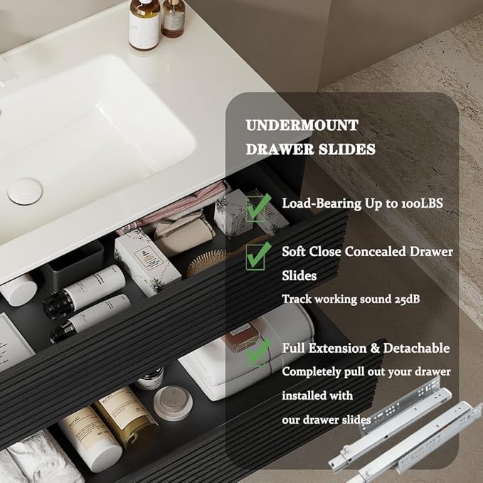 30" Floating Bathroom Vanity with Sink, Wall Mounted Modern Bathroom Cabinet with 2 Soft Close Drawers, Oak & Plywood, Pre-Assembled with Integrated Ceramic Basin – Sedona, Dark Oak