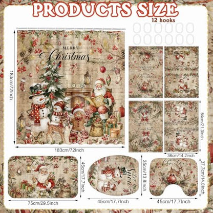 FuWeave 8 Pcs Vintage Christmas Shower Curtain Set for Bathroom Decor Include Santa Snowman Reindeer Gingerbread Shower Curtain Towels Non Slip Rugs Toilet Lid Cover Bath Mat and 12 Hooks