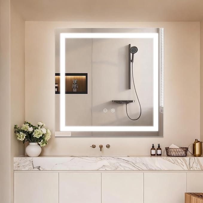 28"X28" Square LED Bathroom Mirror with Lights | Lighted Bathroom Vanity Mirror for Wall, Anti-Fog, Dimmable, 3 Color Temperature, HD Tempered Glass(Vertical Only)