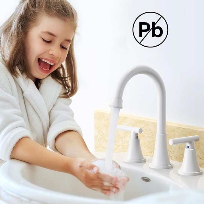 Bathroom Faucet 3 Hole, White Faucets with Pop-up Drain and Supply Lines | Hurran Stainless Steel Lead-Free Widespread Bathroom Sink Faucet for Vanity RV Restroom Laundry Outdoor Utility Sink