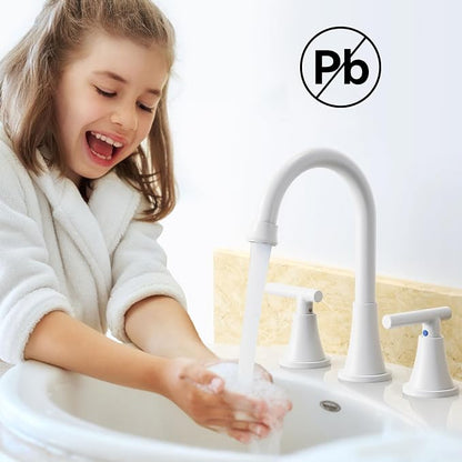 Bathroom Faucet 3 Hole, White Faucets with Pop-up Drain and Supply Lines | Hurran Stainless Steel Lead-Free Widespread Bathroom Sink Faucet for Vanity RV Restroom Laundry Outdoor Utility Sink