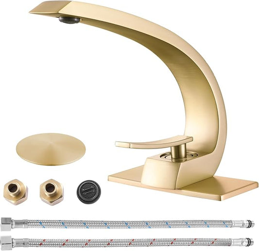 Brushed Gold Bathroom Sink Vanity Elegance Swan Faucet for 1 Hole With 6-Inch 3 Hole Deckplate,Rikaziya Bathroom Fixtures Faucets Pop Up Overflow Drain With 9/16" Supply Hose and to 1/2" Adapter Combo