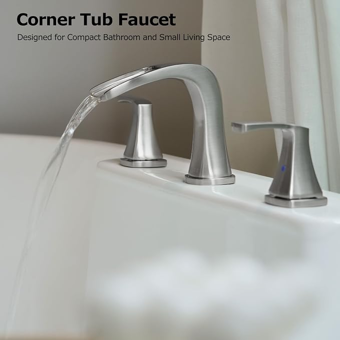 Waterfall 2 Handle Widespread Roman Tub Faucet Brushed Nickel | 3 Hole Deck Mount Bathtub Filler with Valve & Supply Lines