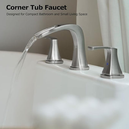 Waterfall 2 Handle Widespread Roman Tub Faucet Brushed Nickel | 3 Hole Deck Mount Bathtub Filler with Valve & Supply Lines