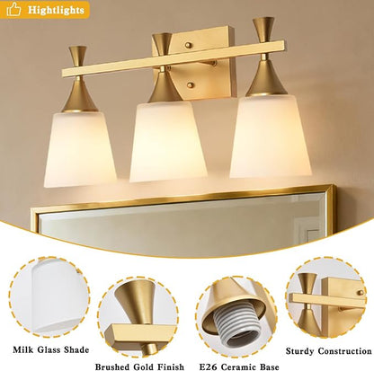 3 Light Modern Bathroom Vanity Light, Milk Glass Wall Light Fixtures Over Mirror, Brushed Gold Vanity Lighting for Bathroom, Living Room, Bedroom, E26 Base (Exclude Bulb)