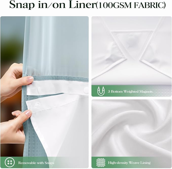 Fog Blue Hook Free Waffle Shower Curtain & Snap-in Liner,72x87 | Less Time to install, 3 in 1 Fabric Shower Curtain and Liner Set with Magnets, Extra Long, Shower Curtains for Bathroom