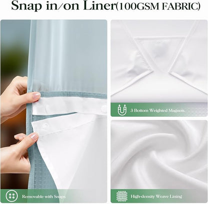 Fog Blue Hook Free Waffle Shower Curtain & Snap-in Liner,72x75 | Less Time to install, 3 in 1 Fabric Shower Curtain and Liner Set with Magnets, Mesh Top Window, Shower Curtains for Bathroom