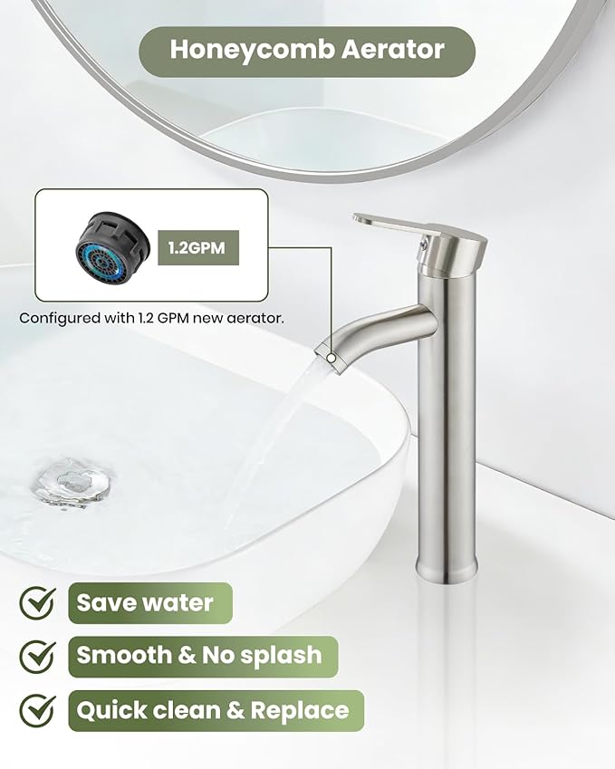 gotonovo Vessel Sink Faucet Modern Tall Bathroom Faucet Single Handle One Hole Stainless Steel Vanity Lavatory Rv Bowl Basin Mixer Tap with Supply Lines and Metal Pop Up Drain, Brushed Nickel