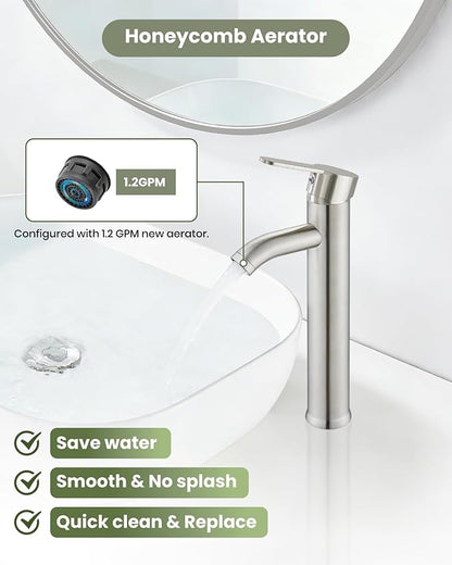 gotonovo Vessel Sink Faucet Modern Tall Bathroom Faucet Single Handle One Hole Stainless Steel Vanity Lavatory Rv Bowl Basin Mixer Tap with Supply Lines and Metal Pop Up Drain, Brushed Nickel