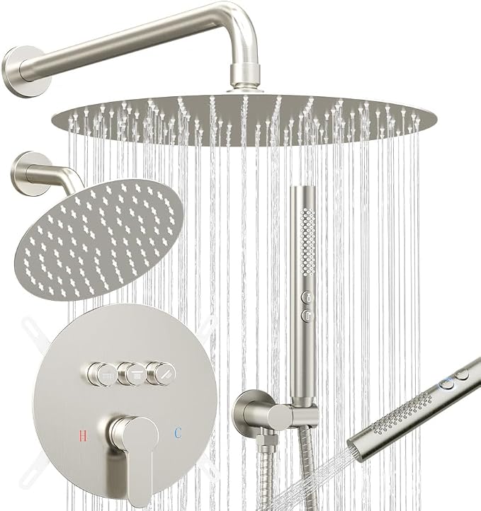 Shower Systems, Bostingner 12+6" Round Dual Rainfall Shower head with 2 in 1 Handheld Spray, Can Use All at Once, Wall Mount Push Button Shower Faucet Set with Valve and Trim Kit,Brushed Nickel