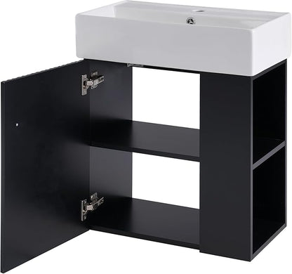 LUMISOL 21.6" Floating Bathroom Vanity with Sink, Wall Mounted Bathroom Vanity with Right Side Storage & Soft-Close Door, Small Bathroom Cabinet with Ceramic Sink, Black