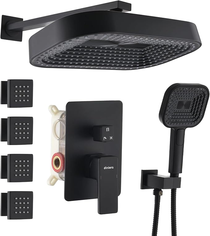 12" Rain Shower System with 4 Massage Body Jets,Shower Faucet Set Luxury Shower Head System with 3-in-1 Handheld,Wall Mounted Shower System Set with Valve and Trim Kit,Matte Black