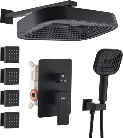 12" Rain Shower System with 4 Massage Body Jets,Shower Faucet Set Luxury Shower Head System with 3-in-1 Handheld,Wall Mounted Shower System Set with Valve and Trim Kit,Matte Black