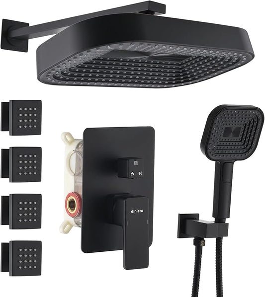 12" Rain Shower System with 4 Massage Body Jets,Shower Faucet Set Luxury Shower Head System with 3-in-1 Handheld,Wall Mounted Shower System Set with Valve and Trim Kit,Matte Black