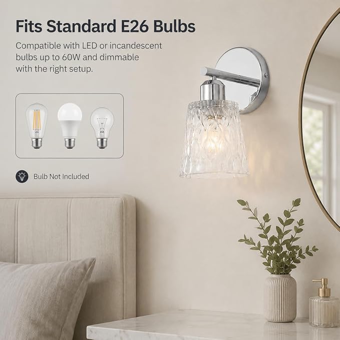 Chrome 1 Light Bathroom Vanity Light with Textured Glass Shade, E26 Socket, Bathroom Light Fixture Over Mirror, Modern Lighting Fixture Wall Lamp Vanity Light