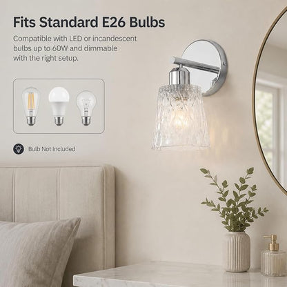 Chrome 1 Light Bathroom Vanity Light with Textured Glass Shade, E26 Socket, Bathroom Light Fixture Over Mirror, Modern Lighting Fixture Wall Lamp Vanity Light