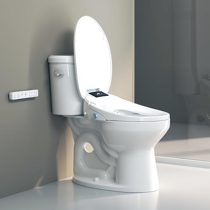 Bidet Toilet Seat with Warm Water Wash, Air Dryer, Heated Seat, Remote Control, LED Display, Self-Cleaning Nozzle, Night Light & Multiple Cleaning Modes (Elongated)