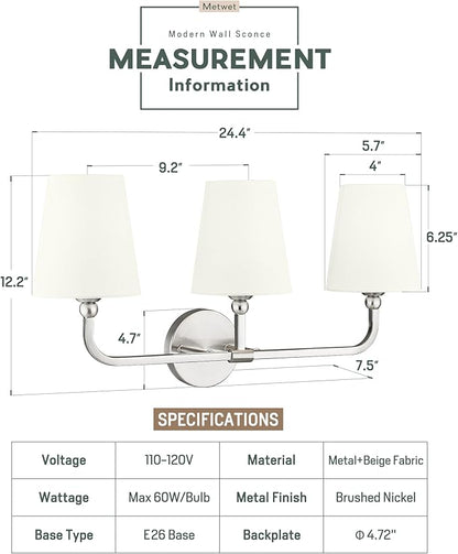 3-Light Bathroom Light Fixtures, Brushed Nickel Vanity Lights with Beige Fabric Shade, Modern Sconces Wall Lighting for Hallway Bedroom, Upward Lighting, VL837-BN-B-3