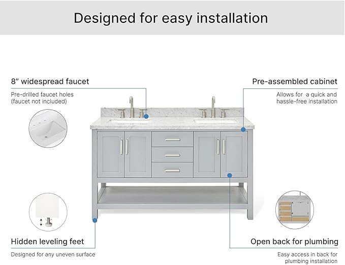 ARIEL Magnolia 60-inch Bathroom Vanity with Sink,Solid Wood, 1.5-inch Italian Carrara Marble Countertop, Double Rectangular Porcelain Sink, 4 Soft Closing Doors, 3 Dovetail Drawers, Grey