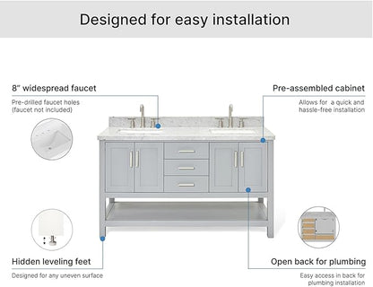 ARIEL Magnolia 60-inch Bathroom Vanity with Sink,Solid Wood, 1.5-inch Italian Carrara Marble Countertop, Double Rectangular Porcelain Sink, 4 Soft Closing Doors, 3 Dovetail Drawers, Grey