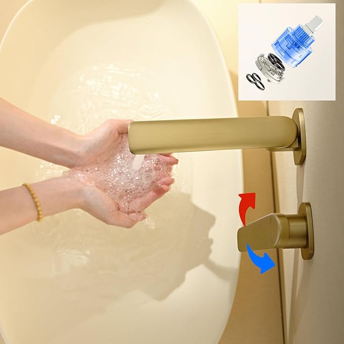 BiaoTeng Concealed Faucet for Bathroom Sink Wall Mount Hot and Cold Faucets for Bathroom Sinks Single Handle Brass Brushed Gold