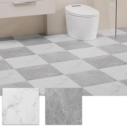 Peel and Stick Floor Tile, 30 PCS 12" x 12" Checkered Waterproof Marble Texture Luxury Vinyl Tiles, Easy DIY Self Adhesive Vinyl Flooring for Bathroom, Kitchen, Living Room, Gray/White