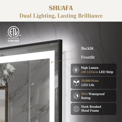 28X36 Inch LED Bathroom Mirror with Lights, Black Frame Frontlit+ Backlit Bathroom Vanity Mirror for Wall, Ultra-Clear Tempered Glass, Shatter-Proof, Anti-Fog and Memory Function, ETL Listed