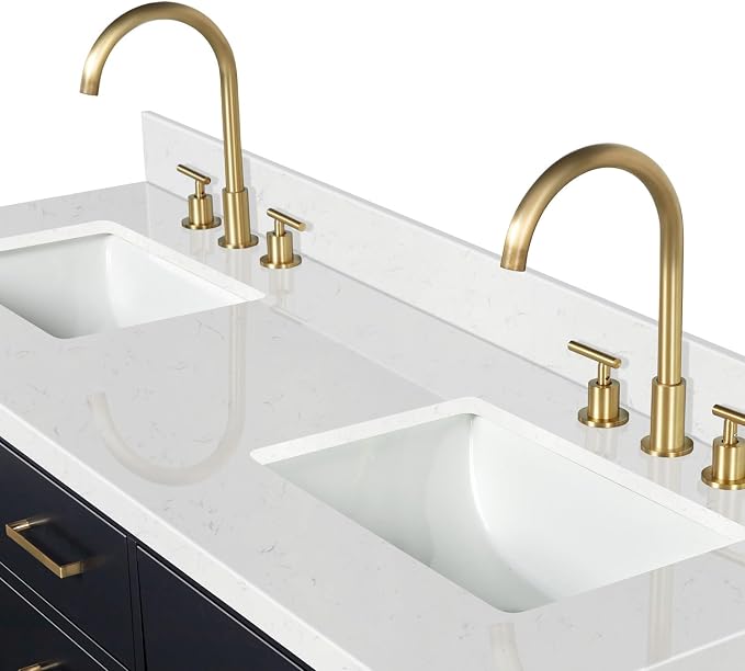 ARIEL Hepburn 60-inch Bathroom Vanity with Sink,Solid Wood, 1.5-inch Carrara White Quartz Countertop & Backsplash, Double Rectangular Porcelain Sink, 4 Soft Closing Doors, 6 Dovetail Drawers, Black