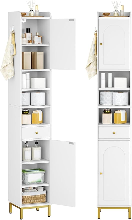 Bathroom Cabinet with Adjustable Shelves & Door, Freestanding Tall Floor Storage Cabinet with Drawer - Narrow Toilet Paper Organizer for Bathroom, White BC29013G