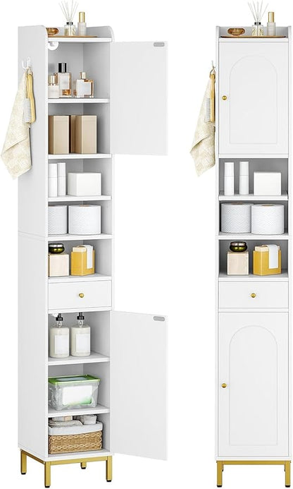 Bathroom Cabinet with Adjustable Shelves & Door, Freestanding Tall Floor Storage Cabinet with Drawer - Narrow Toilet Paper Organizer for Bathroom, White BC29013G