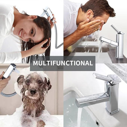 KAIYING Bathroom Sink Faucet with Pull Out Sprayer, Single Handle Basin Mixer Tap for Hot and Cold Water, Lavatory Pull Down Sink Faucet with Rotating Spout (Regular, Chrome)