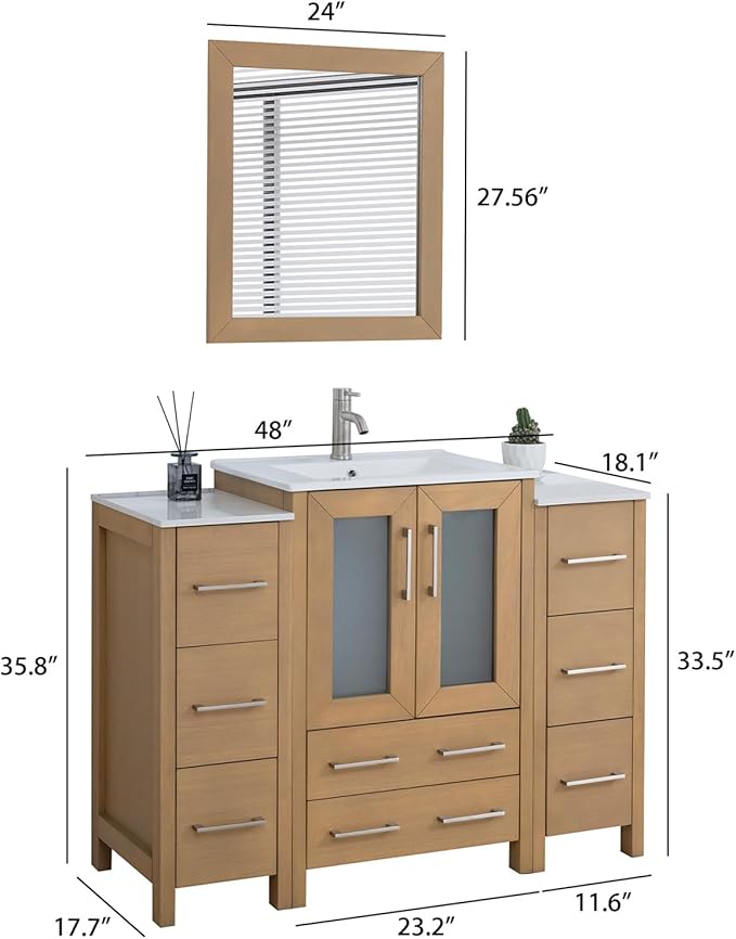 HOMEBEYOND 48 Inch Modern Bathroom Vanity with Sink & Mirror, Single Vanity Cabinet with Basin and Mirror, Dove-Tailed Drawers, Soft-Closing Doors, Wood, Natural Oak