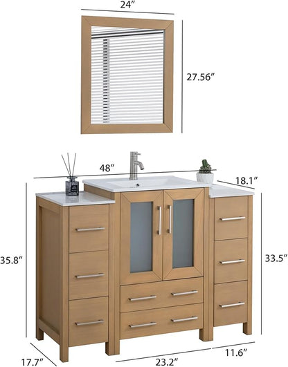 HOMEBEYOND 48 Inch Modern Bathroom Vanity with Sink & Mirror, Single Vanity Cabinet with Basin and Mirror, Dove-Tailed Drawers, Soft-Closing Doors, Wood, Natural Oak