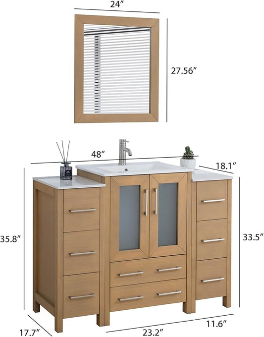 HOMEBEYOND 48 Inch Modern Bathroom Vanity with Sink & Mirror, Single Vanity Cabinet with Basin and Mirror, Dove-Tailed Drawers, Soft-Closing Doors, Wood, Natural Oak