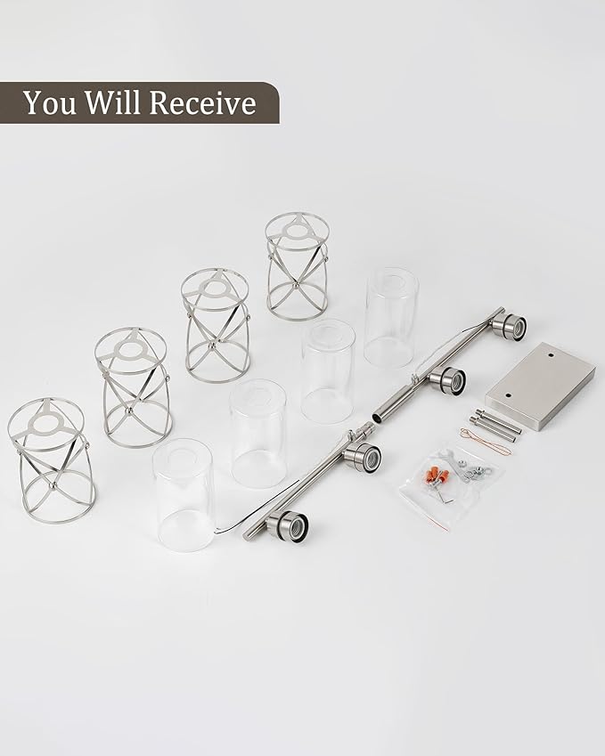 4-Light Brushed Nickel Bathroom Light Fixtures with Milk Frosted Glass, 29" Modern Bathroom Vanity Lighting Fixtures Over Mirror with Metal Cage, Wall Sconce Lights for Bath, E26, CH9176BNW-4W
