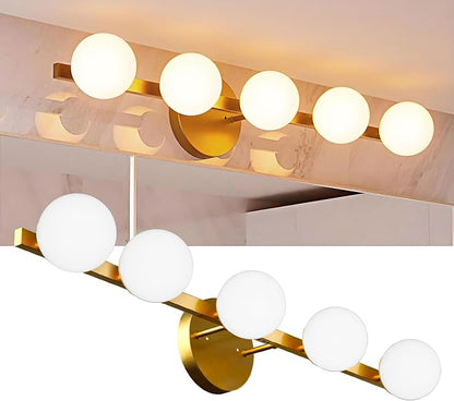 Lightdot 5 Light Bathroom Vanity Light, 31" Modern Gold Vanity Lights with Globe Water/Shatterproof PC Lampshade, Rust-Proof Bathroom Light Fixtures Over Mirror for Kitchen Hallway Cabinet Porch