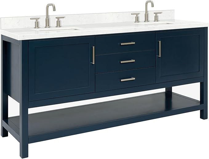 ARIEL Bayhill 72-inch Bathroom Vanity with Sink,Solid Wood, 1.5-inch Carrara White Quartz Countertop, Double Rectangular Porcelain Sink, 2 Soft Closing Doors, 3 Dovetail Drawers, Midnight Blue