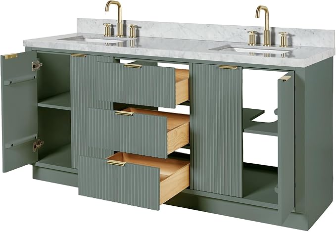 ARIEL Milan 72-inch Bathroom Vanity with Sink,Solid Wood, 1.5-inch Italian Carrara Marble Countertop, Double Rectangular Porcelain Sink, Soft Closing Doors, Dovetail Drawers, Vintage Green