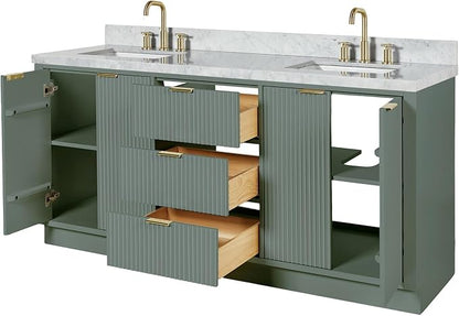 ARIEL Milan 72-inch Bathroom Vanity with Sink,Solid Wood, 1.5-inch Italian Carrara Marble Countertop, Double Rectangular Porcelain Sink, Soft Closing Doors, Dovetail Drawers, Vintage Green