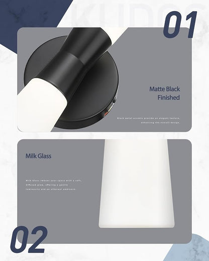 kudos 16 Inch Black Vanity Lights, Milk White Glass, 3CCT, KDVL13-BK | LED, 14W, 1100 Lumens, 3000K, 4000K and 5000K Selectable, Hardwired,for Bathrooms and Bedrooms