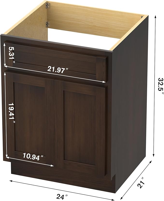 Vanity Art 24 Inch Double Shutter Door Bathroom Vanity Base Cabinet with Soft Closing Shaker Drawer, Strudy Floor Mount Storage Cabinet Organizer for Bedroom, Living Room, Kitchen, VA4024-B