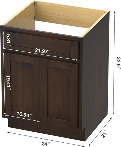HomeBeyond 24 Inch Bathroom Vanity Base Only, Single Vanity Cabinet with Double Soft Closing Door, Composable Floor Mount Cabinets Without Top, Rustic Brown