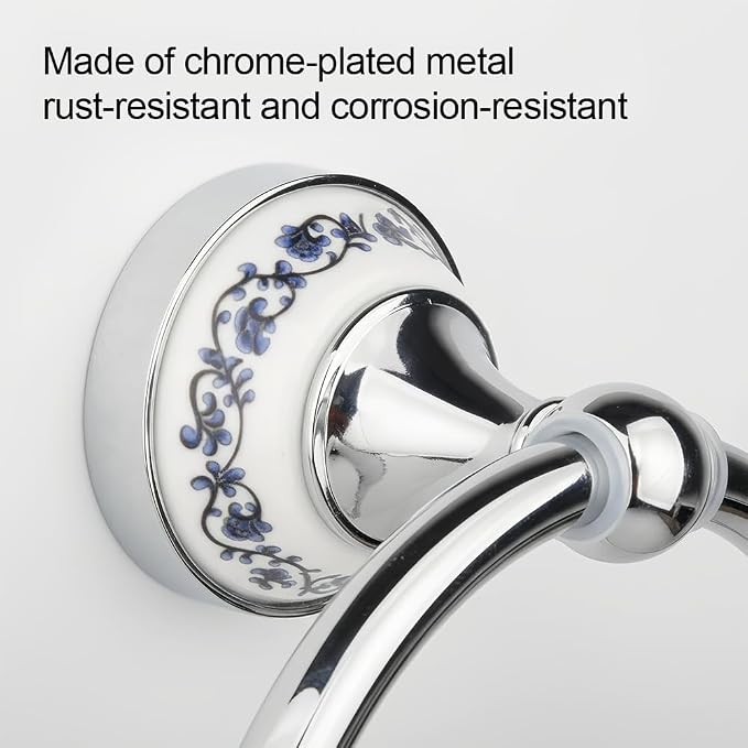 2 pcs Silver Towel Ring Hook Holder Wall Mount Rack Blue&White Porcelain Ceramic Base Stainless Steel Old Chinese Decor