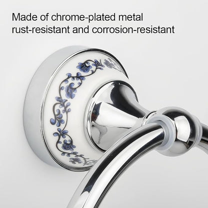 2 pcs Silver Towel Ring Hook Holder Wall Mount Rack Blue&White Porcelain Ceramic Base Stainless Steel Old Chinese Decor